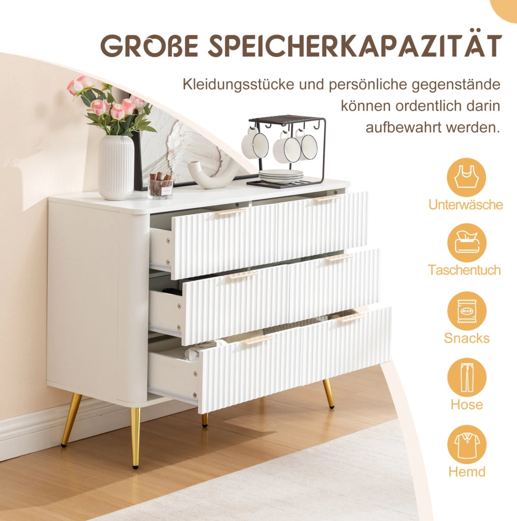 Cassettiera bianca in MDF con 6 cassetti; guide soft-close e maniglie in metallo