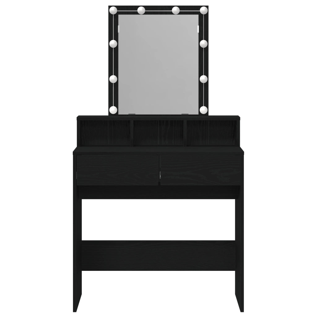 Tavolo da toeletta con specchio e luci LED in rovere nero legno ingegnerizzato
