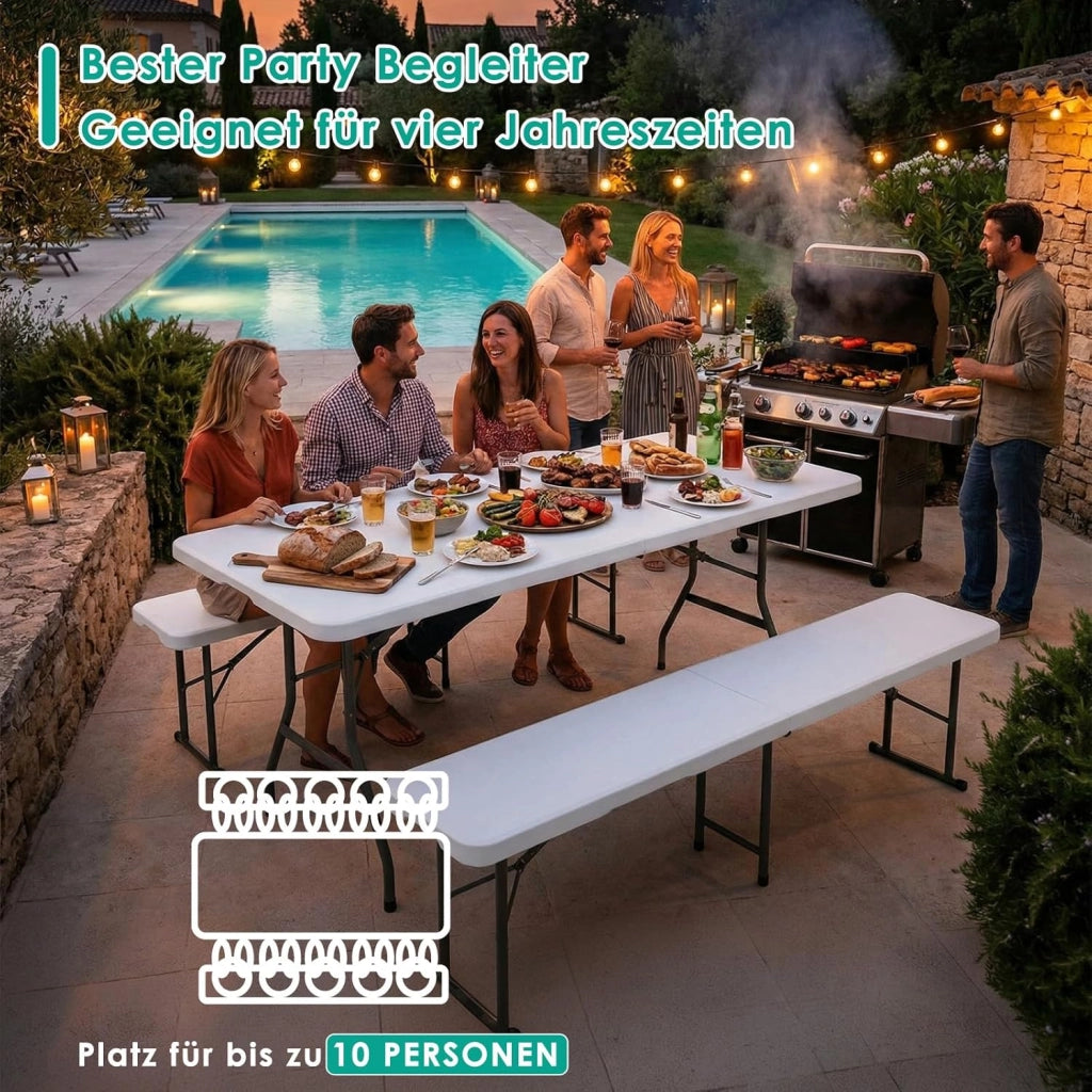 Set Tenda da Birra da 3 Pezzi 183cm, 1 Tavolo e 2 pcs Panche Pieghevoli, Set di Mobili da Giardino in Plastica HDPE, Set Birreria con Manico di Trasporto, per Campeggio Picnic Esterno, Bianco