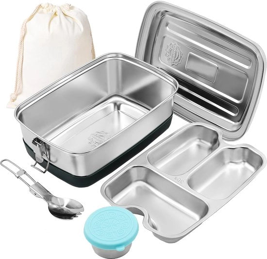 Lunchbox in acciaio inossidabile da 2000 ml, con compartimenti e chiusura, BPA-free, per picnic, scuola, lavoro, con borsa in tessuto per adulti e bambini