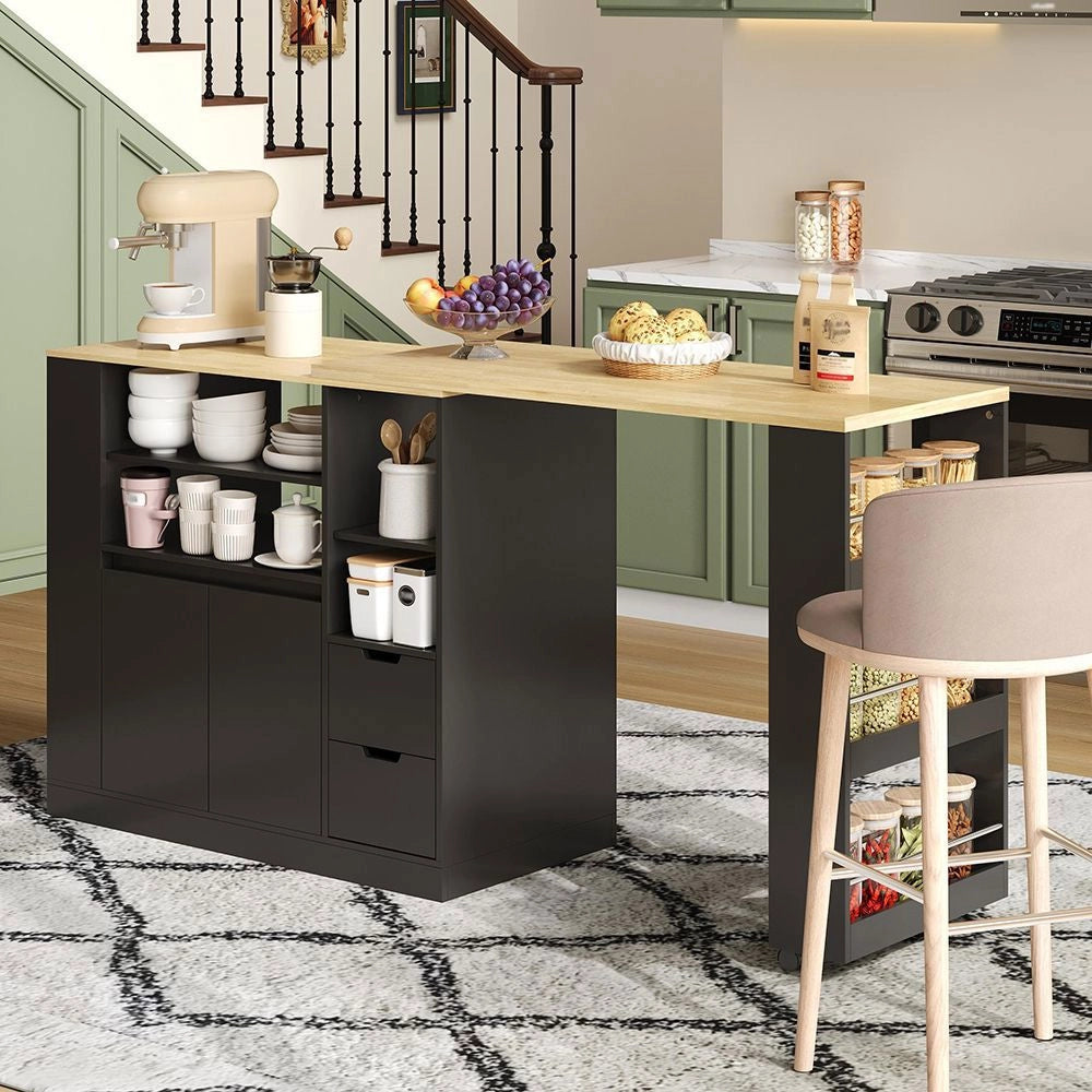 Isola cucina con piano scorrevole - Xylo - 115 cm - 3 lati ripiani, 2 cassetti, bar caff¨¨
