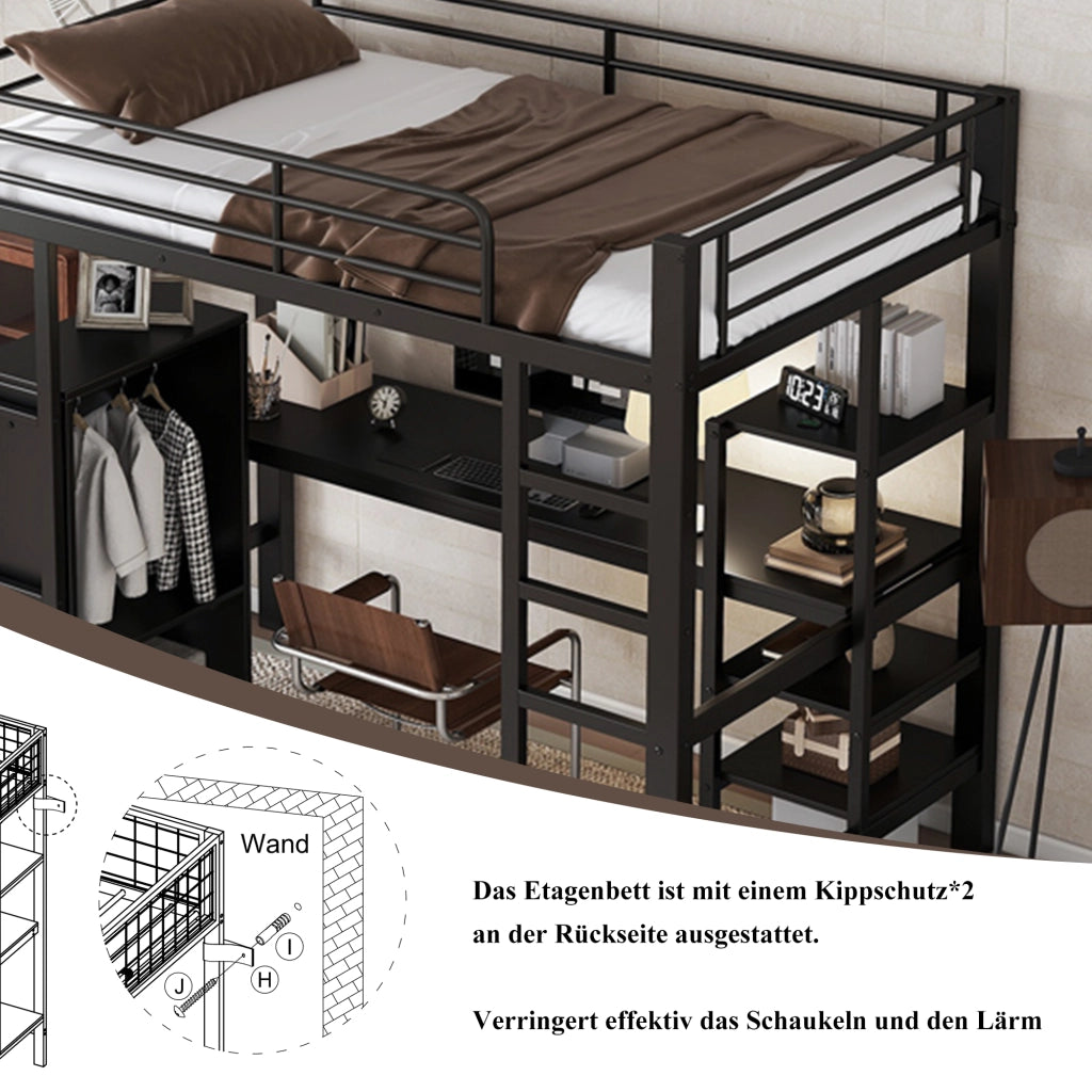 DESMIU Letto a soppalco singolo con scrivania, armadio, 3 ripiani e scala a 5 gradini 90 × 200 cm senza materasso nero