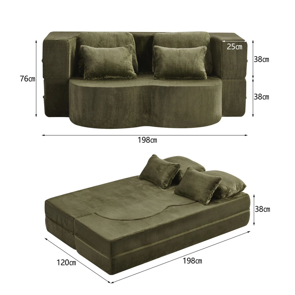 DIVANO Letto Pieghevole 2 in 1 Verde in Schiuma e Molle con 4 Cuscini
