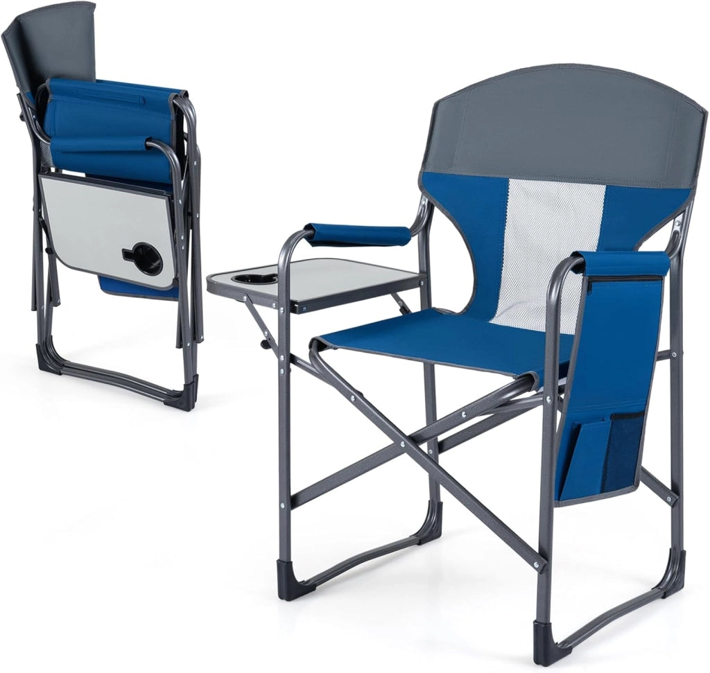 Sedia da Campeggio Pieghevole, Sedia da Regista con Tavolino Laterale, Portabicchieri e Tasca Portaoggetti, Portata 180 kg, Poltrona da Esterno per Spiaggia, Pesca e Picnic (Blu)