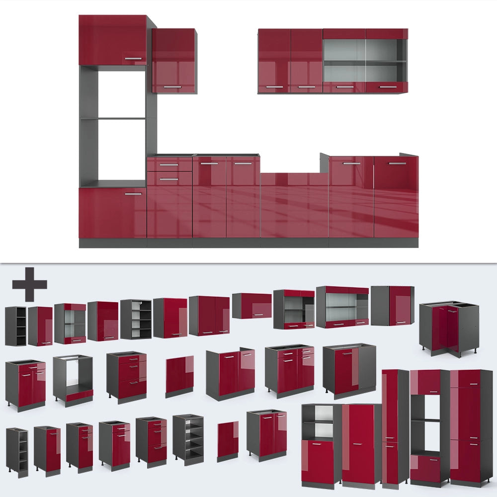 Vicco Cucina componibile Rosso lucido/antracite 300 cm con armadio alto, PL Marmo
