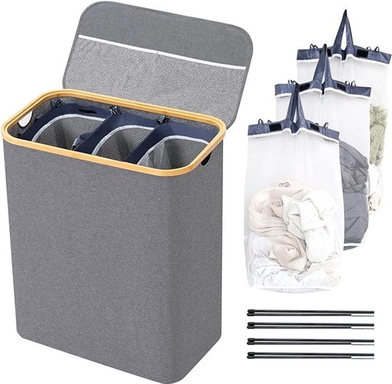3 cassetti con coperchio, raccolta lavanderia, sistema di separazione lavanderia, contenitore lavanderia impermeabile rimovibile pieghevole, lavanderia compatta, 145 l, grigio