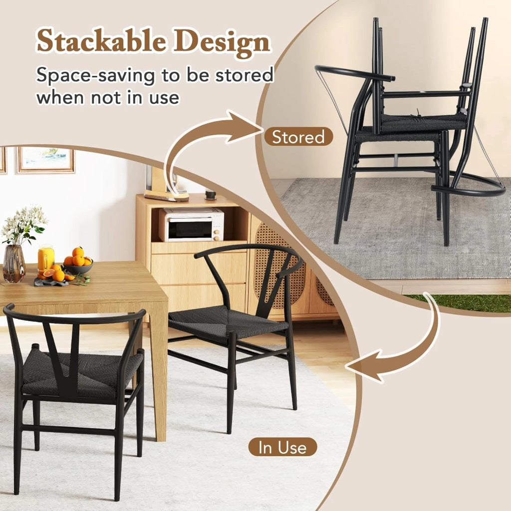 Set di 2 sedie da pranzo impilabili, da cucina, da soggiorno, con schienale e ampia seduta in rattan, portata 150 kg, con gambe in metallo, set di sedie 54 x 59 x 73 cm