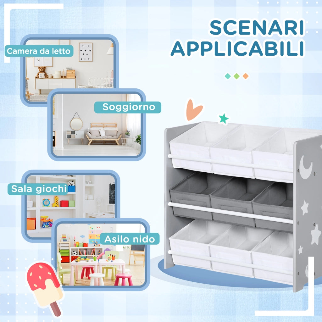 Mobiletto Portagiochi con 9 Cestini Rimovibili in MDF e Tessuto, 63x30x60cm, Grigio e Bianco