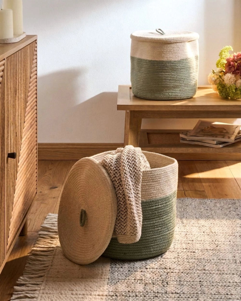 Cestino in tessuto di cotone bianco sporco con accessori per la conservazione del coperchio boho