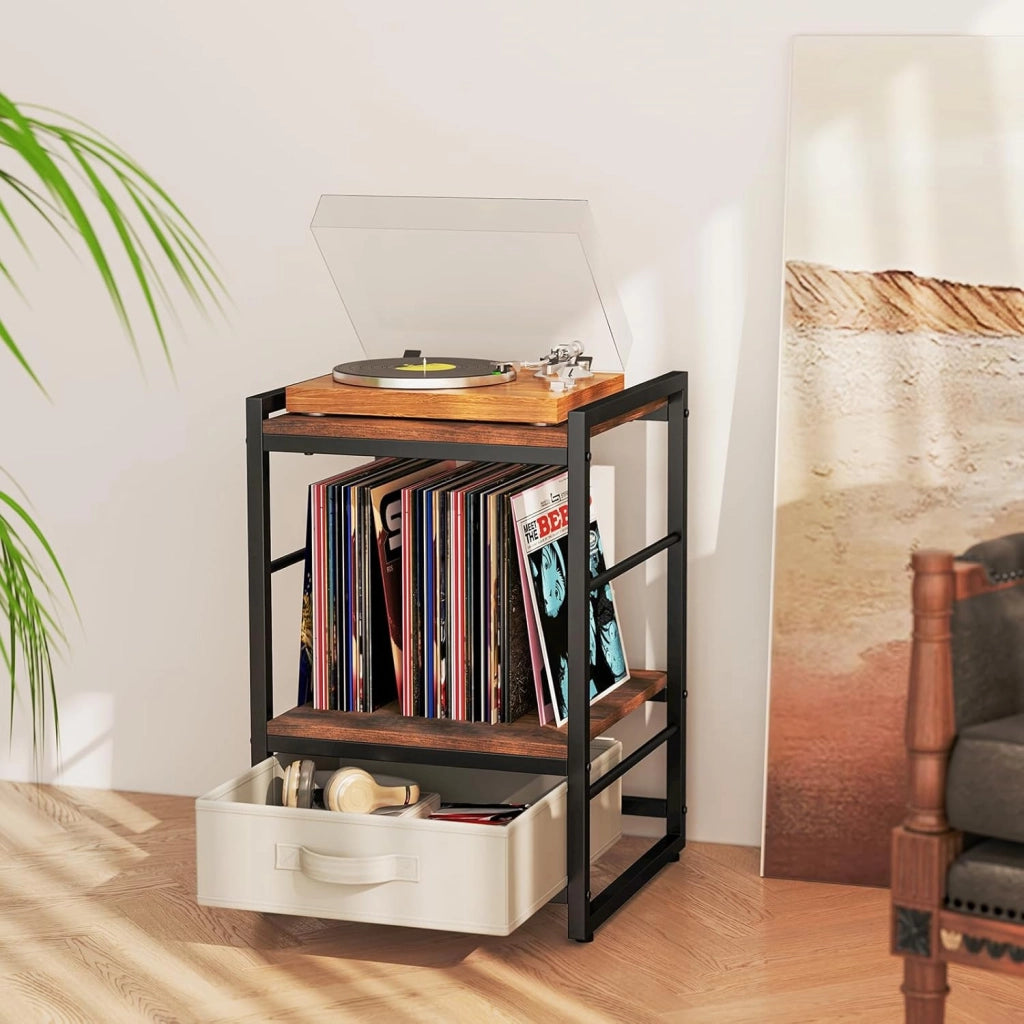 Tavolino ausiliario a 2 livelli, comodino con cassetto in tessuto estraibile e 2 ripiani aperti, telaio in metallo e gambe regolabili, 40 x 40 x 60,5 cm, tavolino per soggiorno, camera da
