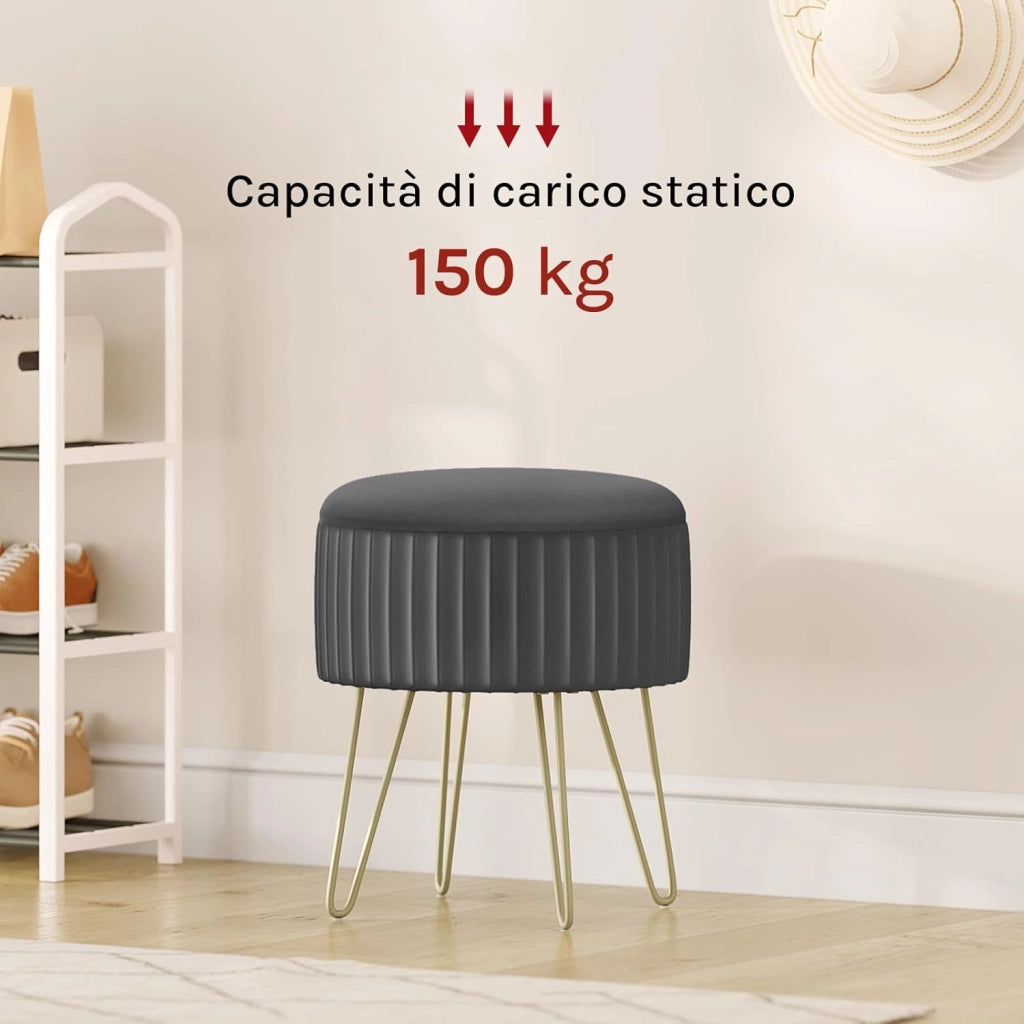 Poggiapiedi Ottomano, Contenitore con Rivestimento in Velluto Olandese e Gambe in Metallo, Sgabello Rotondo per Soggiorno/Camera da Letto/Ingresso, φ31,5xH37,5 cm, Grigio Scuro, SH105dgr