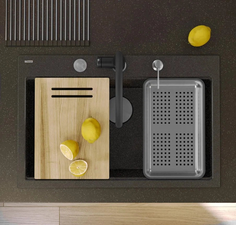 Lavello In Granito Marc 110 Workstation Black Metallic Tappo rame spazzolato