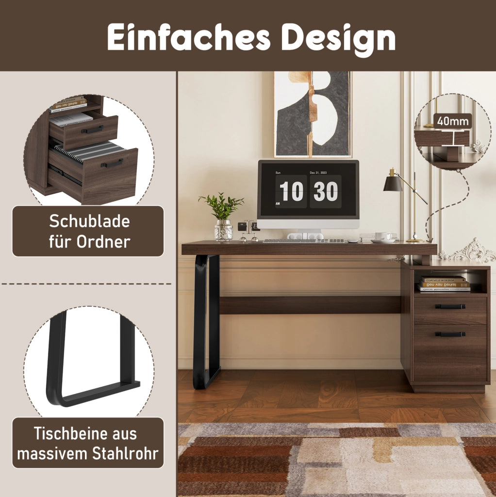 Scrivania moderna 135 x 54 cm in MDF e metallo, colore marrone