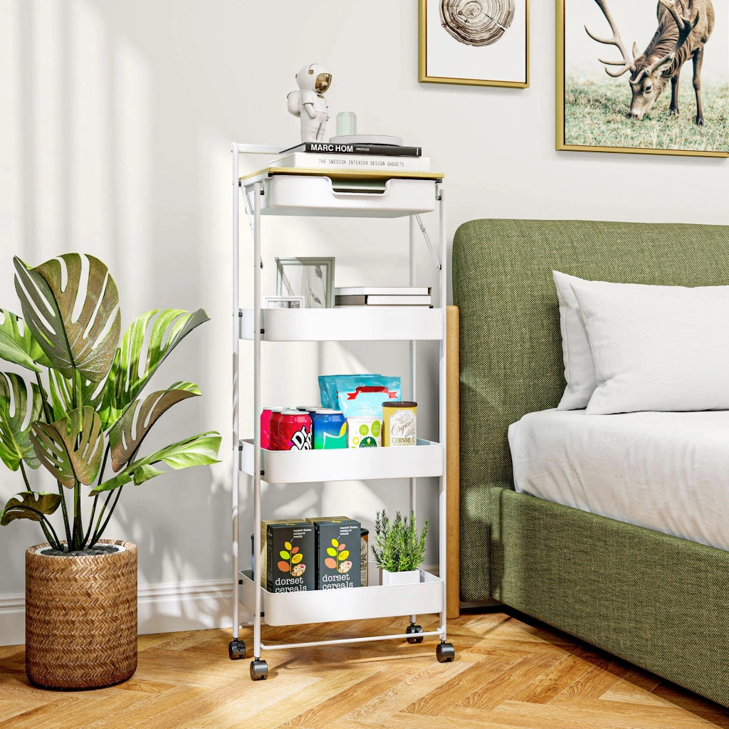 Carrello Cucina 4 Ripiani con Ruote ¨C Xylo ¨C Bianco con Cassetto e Cestelli