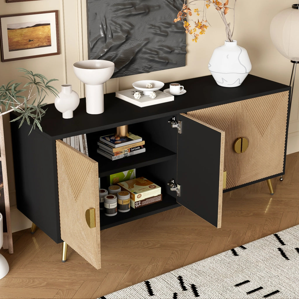 OKWISH Madia con 4 Ante e Cerniere con Chiusura Ammortizzata per Soggiorno o Sala da Pranzo, MDF e Truciolare, Nero e Legno, 160 x 40 x 75 cm