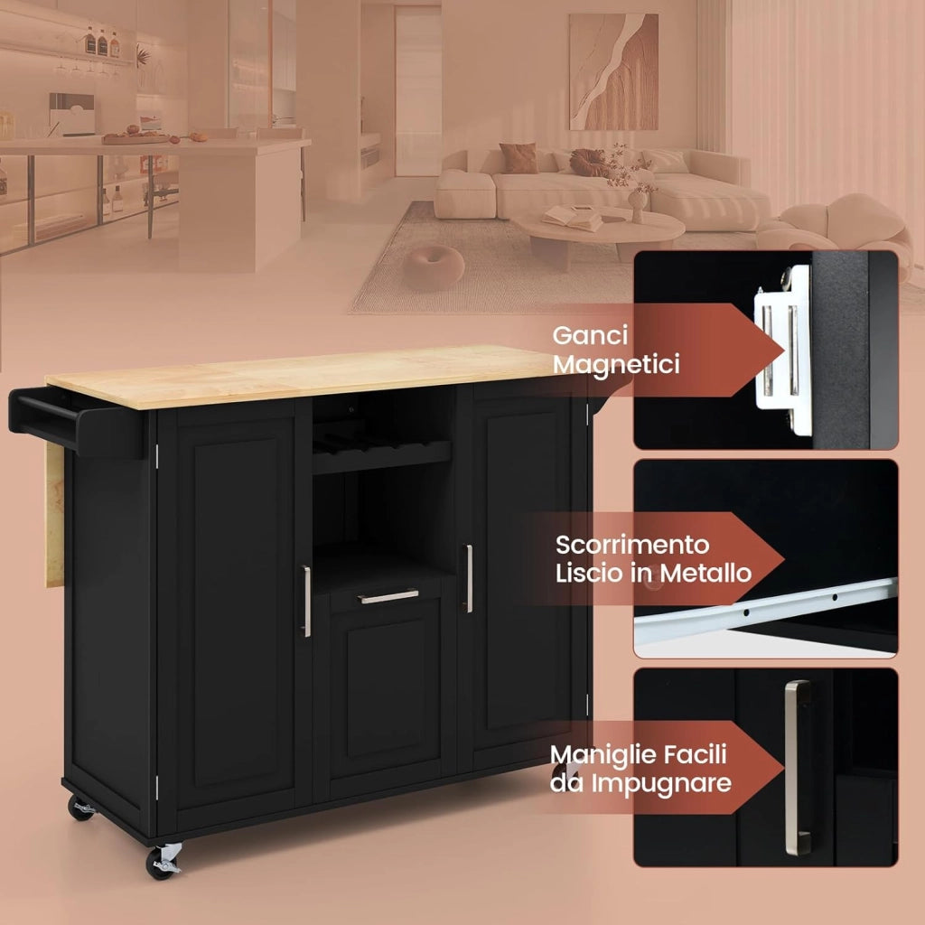 Carrello da Cucina, Isola Cucina con Piano Ribaltabile e 4 Ruote Girevoli, con Cassetto Profondo Portabottiglie Aperto e Porta Asciugamani, 130x74x90 cm (Nero)
