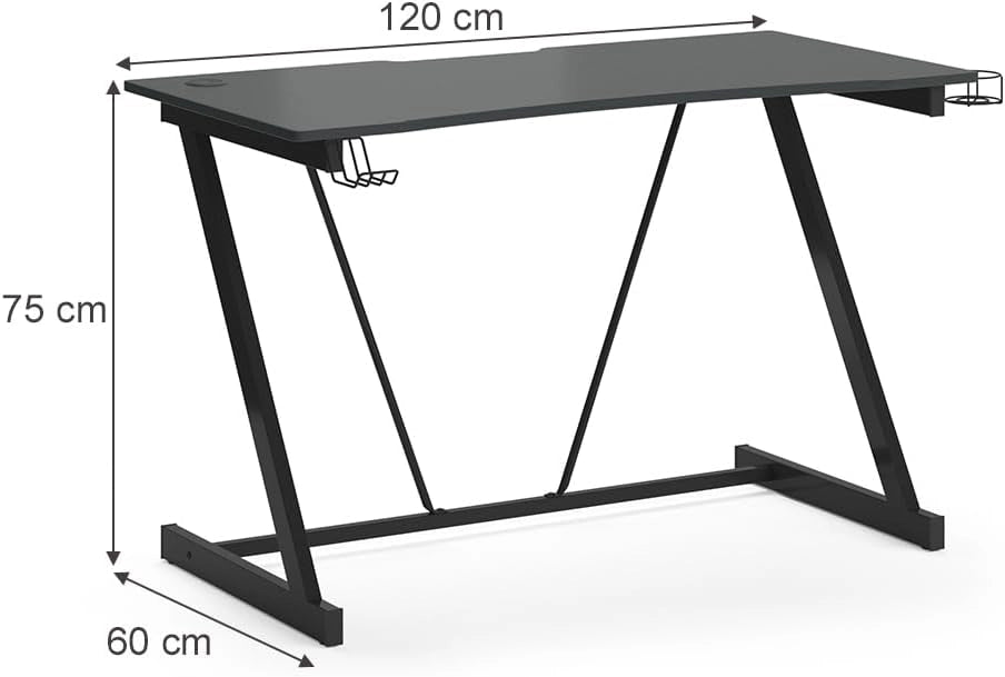 Tavolo da gioco Hudson, Antracite, 120 x 60 cm, con gestione dei cavi e supporto laterale