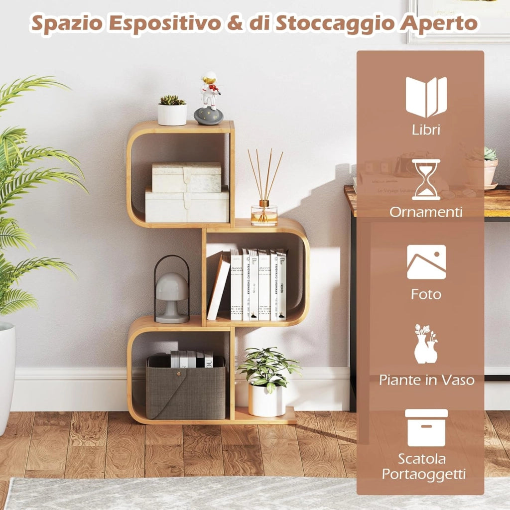 Libreria S a 3 Cubi, Scaffale in Bamboo, Salvaspazio Moderno Piccolo, per Soggiorno, Studio e Ufficio, 61 x 23 x 99 cm, Naturale (3 Livelli)