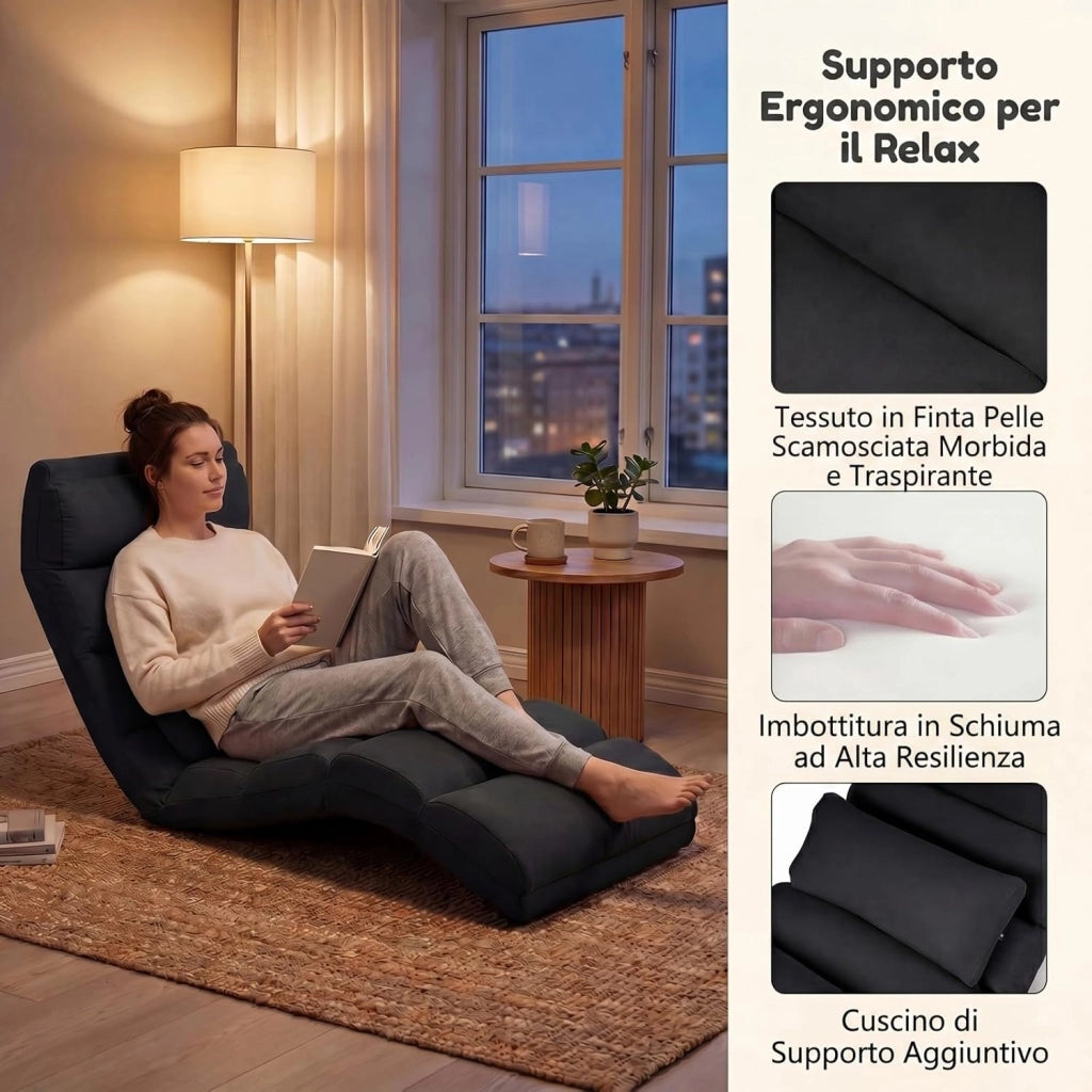 Poltrona Relax, Sedia Pieghevole da Pavimento, Divano Letto da Terra con Cuscino e Schienale Regolabile in 5 Posizioni, Sedia Imbottita Relax per Soggiorno, Camera da Letto (Nero)
