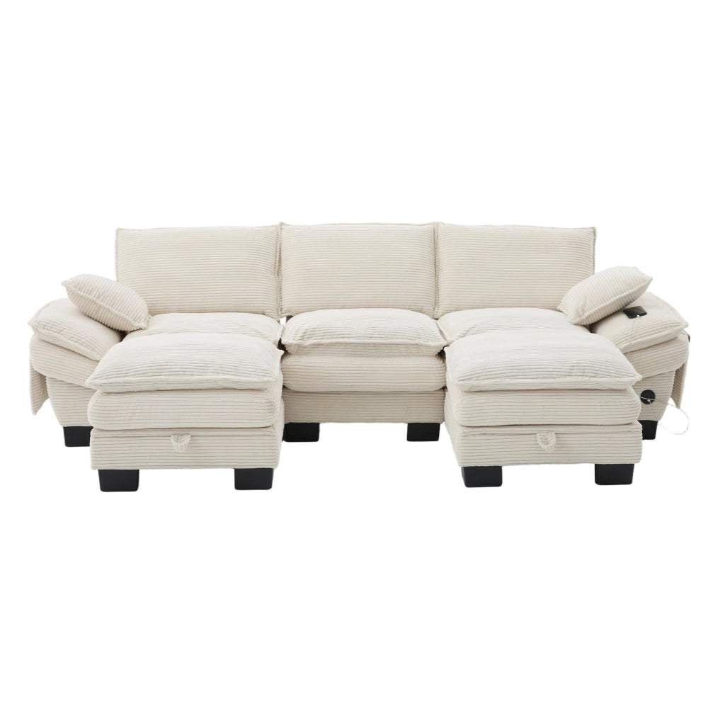 Divano modulare 3 posti in corduroy beige con USB-C e pouf; 260x132x84 cm