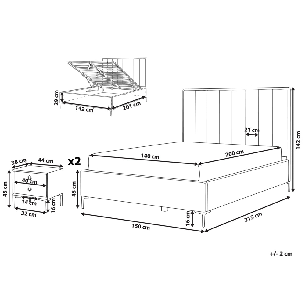 Set camera da letto in velluto grigio tortora matrimoniale 140 x 200 cm letto con contenitore 2 comodini imbottiti