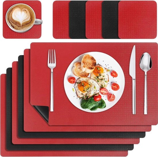 Placemats wascabili, set da 6 pezzi, pelle con sottopiede, antiscivolo doppio, resistente al calore, decorazione da tavola, placematti per cucina, tavola da pranzo, nero