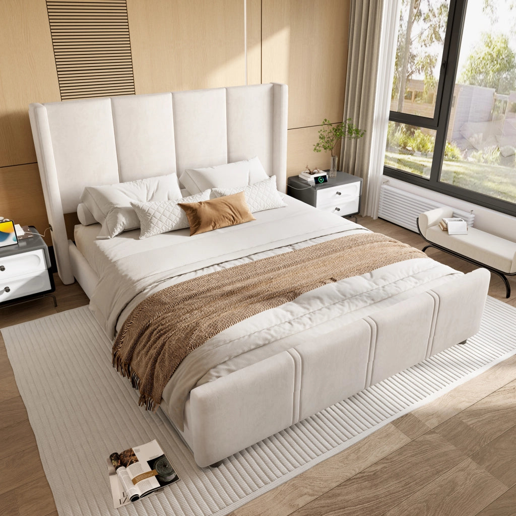 OKWISH Letto Imbottito 140×200 cm, Letto Matrimoniale con USB e Tipo C, Testiera Alta, senza Materasso, in Velluto, Beige