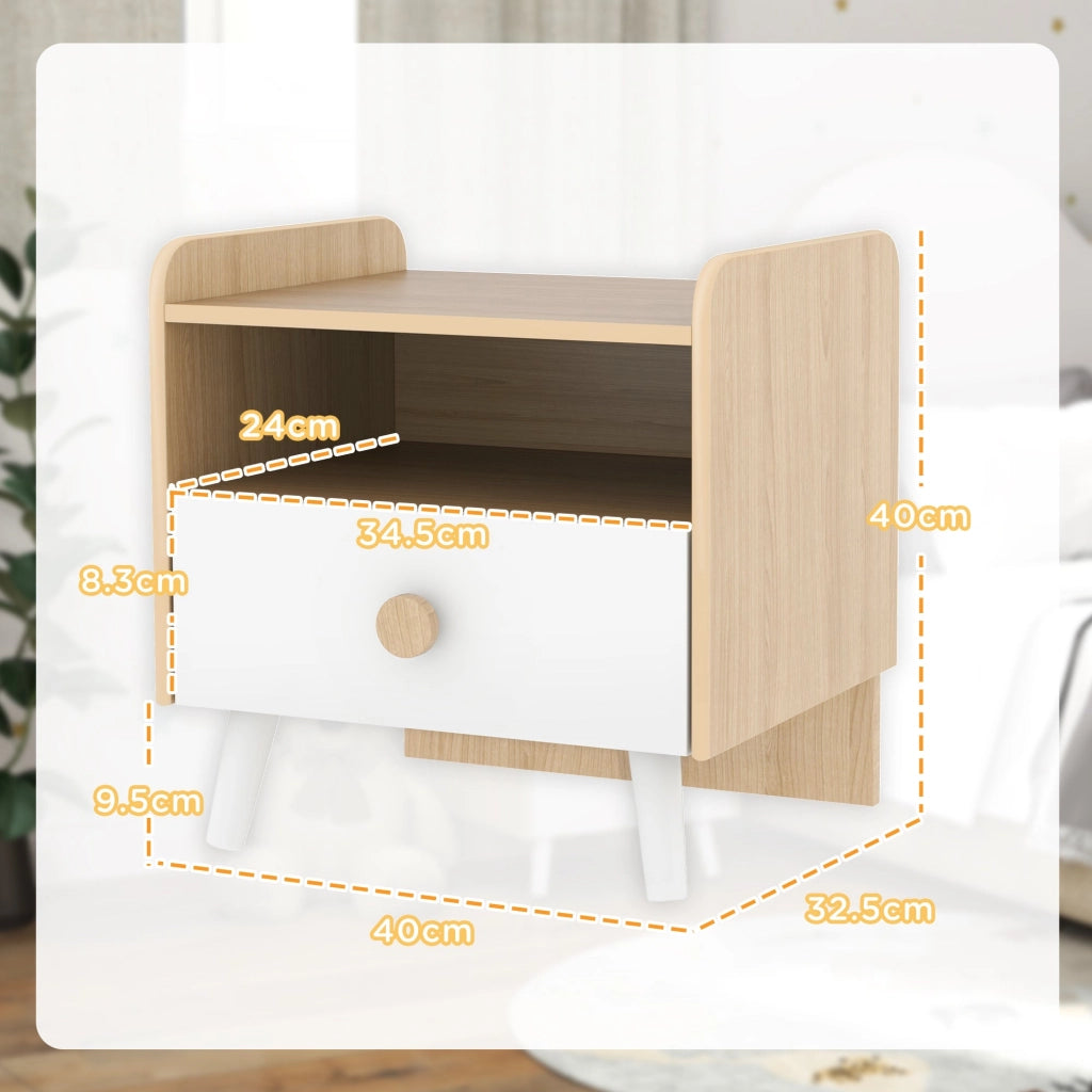 Comodino per Bambini con Cassetto e Vano a Giorno 40x32.5x40 cm in Legno Bianco