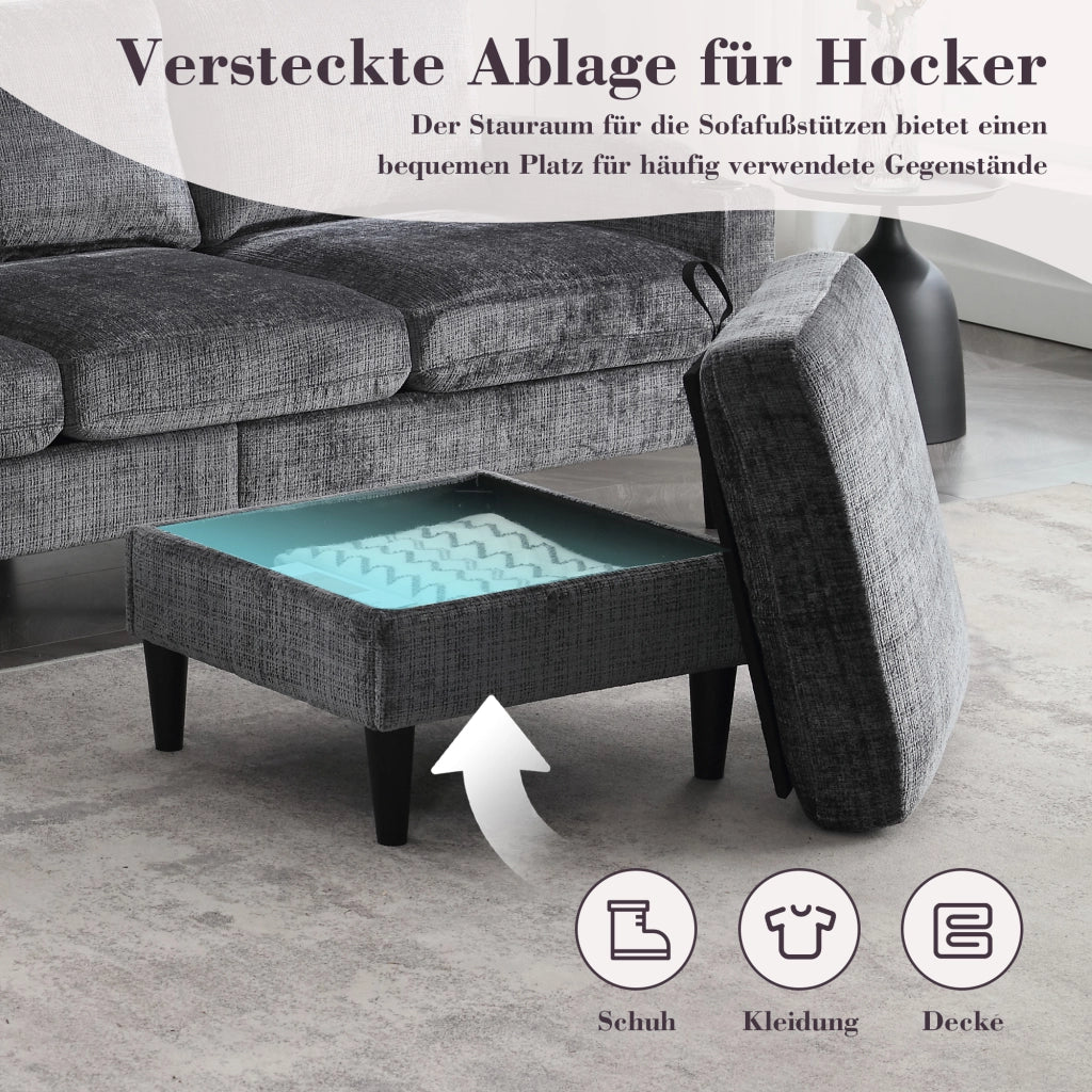 OKWISH Divano Modulare 4 Posti con Pouf Contenitore Portabicchieri e Tasche Laterali in Ciniglia Grigio