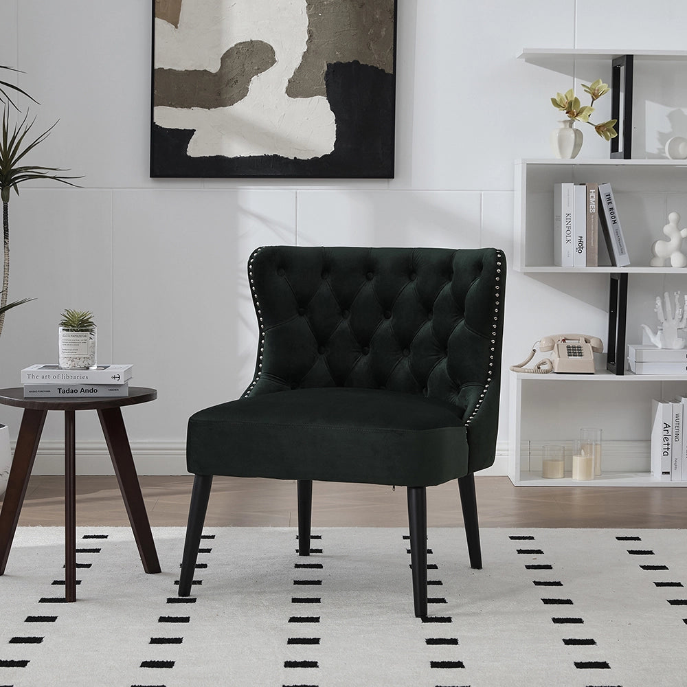 Poltrona singola in velluto con bottoni - Xylo - design moderno senza braccioli, borchia chiodata, piedi in legno
