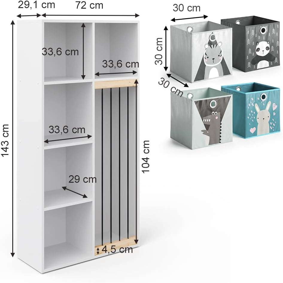 Libreria bambini Marvin, Bianco, 72 x 143 cm con 4 scatole pieghevoli opt.2, adatto per riporre giocattoli e libri