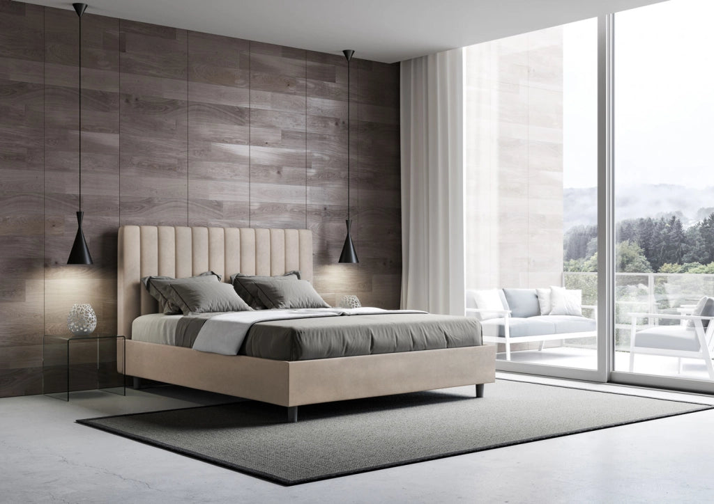 BS COM Letto queen size con rete imbottito 150x200 microfibra sabbia
