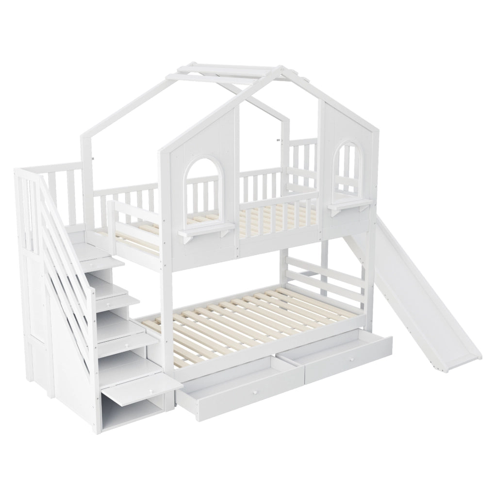 Letto a castello per bambini 90x200 cm con design a casetta, scivolo, scala con contenitore e cassetti, bianco
