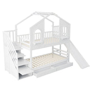 Letto a castello per bambini 90x200 cm con design a casetta, scivolo, scala con contenitore e cassetti, bianco