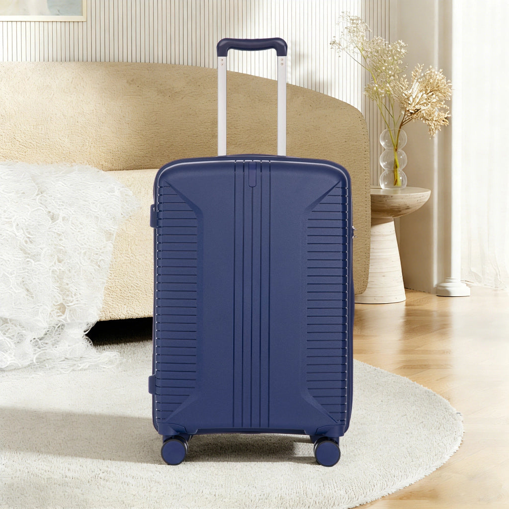 Set di 3 valigie rigide con ruote girevoli a 360 gradi manici laterali ganci e chiusura a combinazione blu
