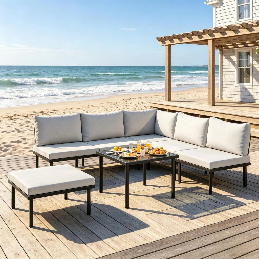 Set salotto da giardino modulare 6 pezzi con cuscini; tavolino in vetro temperato; nero e grigio chiaro
