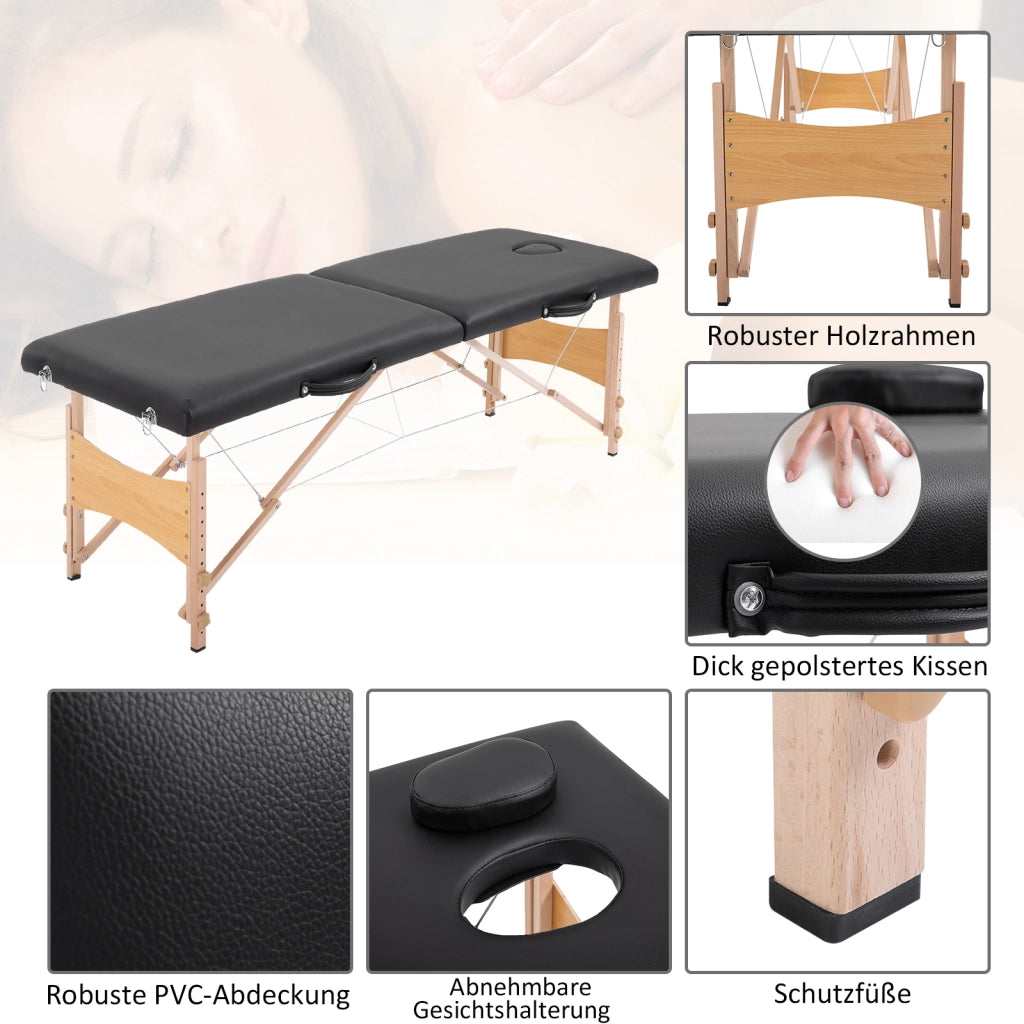 Lettino da massaggio pieghevole 3 zone ¨C Xylo ¨C con poggiatesta, braccioli, borsa, struttura in legno, nero