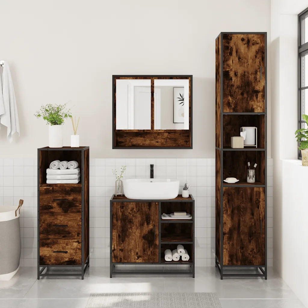 Set Mobili da Bagno 3 pz Rovere Fumo in Legno Multistrato 3301117