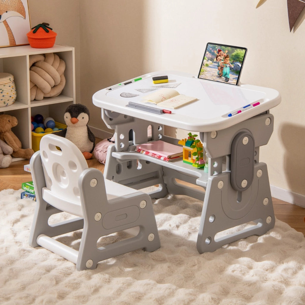 Tavolo da disegno regolabile in altezza per bambini con lavagna inclinabile, Set tavolo e sedia per bambini di 3+ anni Grigio-Tavoli e sedie
