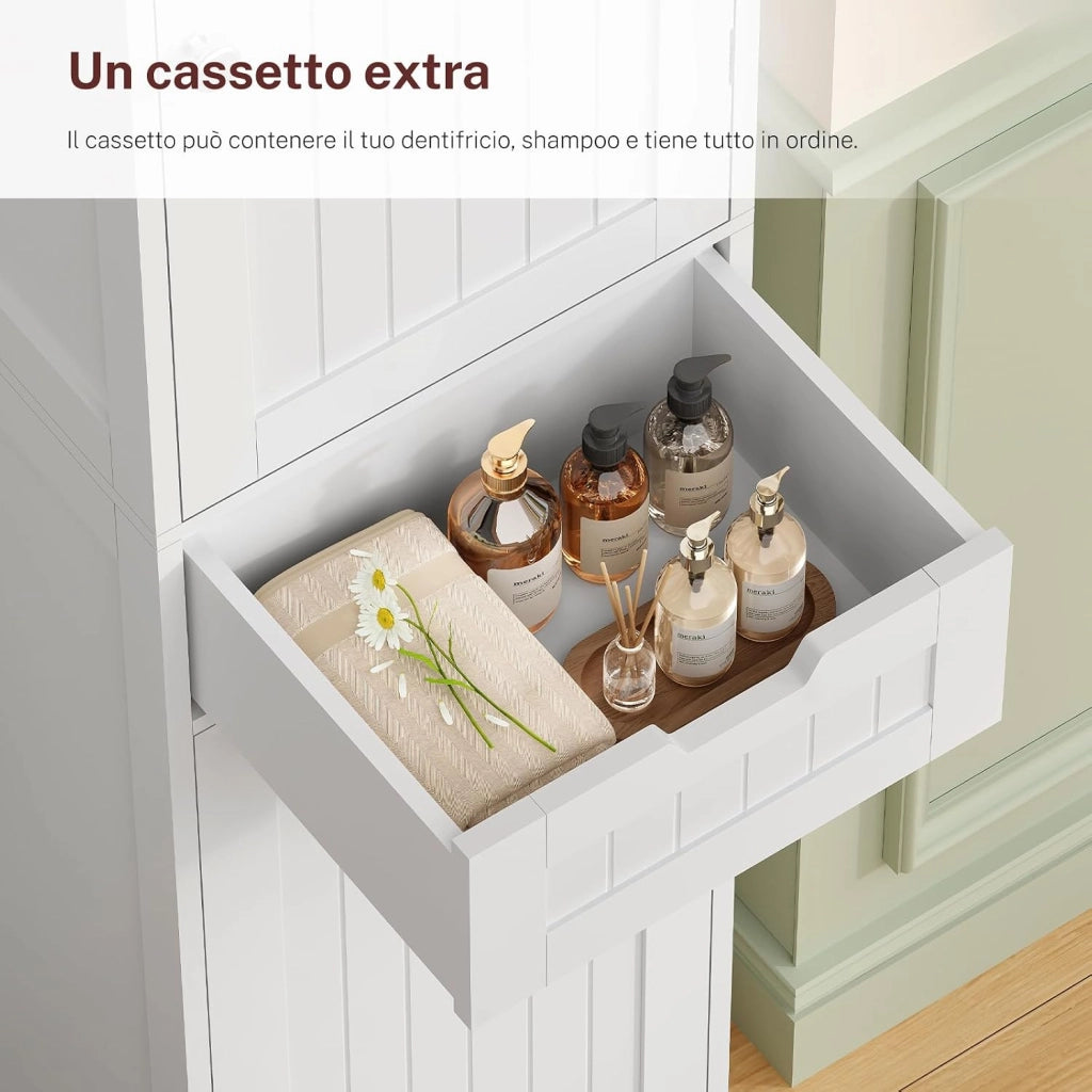 Mobile da Bagno Salvaspazio Stretto e Alto con Cassetto, Armadietto Bagno Moderno 2 Ante + 1 Cassetto 40x30x170 cm, Bianco