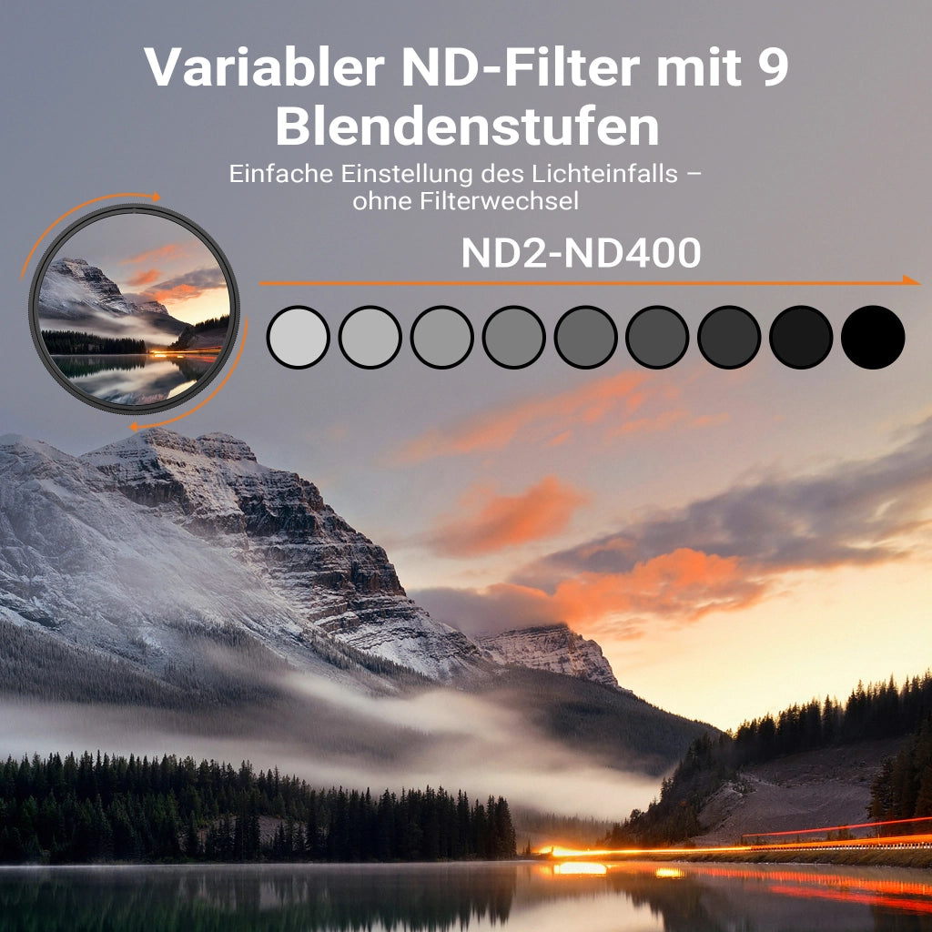 ND2-ND400 Fader Slim 77 mm filtro grigio variabile con 9 livelli di diaframma, filtro ND con rivestimento a 18 strati, filtro per obiettivo con montatura slim da 4,3 mm