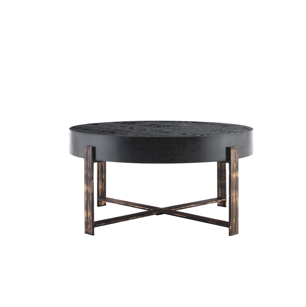 Tavolino rotondo 68x36 cm con piano effetto legno nero; base a croce in metallo; nero
