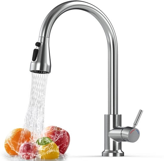Kraan da parco, 360° girevole con maniglia in acciaio inossidabile, 4 modalità di spruzzo, miscelatore a un solo giro per acqua calda e fredda, sprogetto estensibile da 50 cm, miscelatore per rubinetti da lavabo.