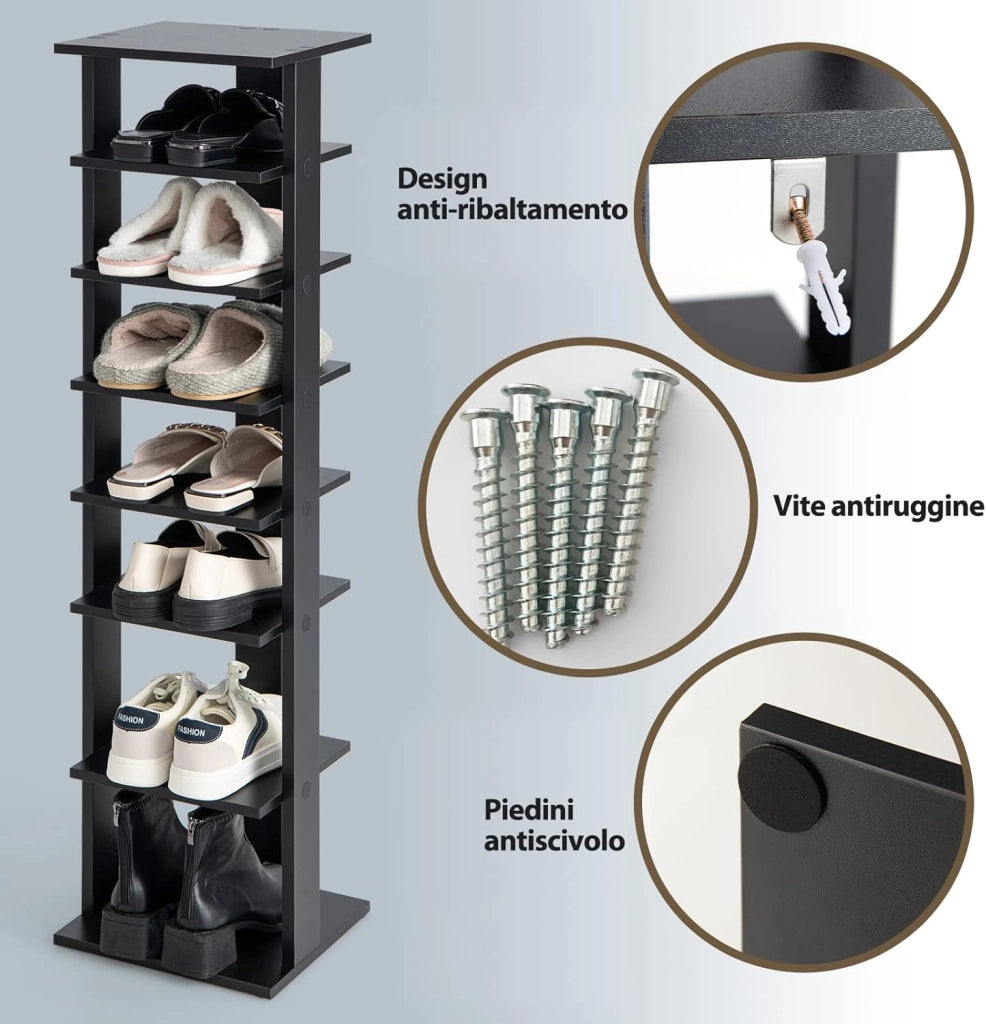 Scarpiera a 7 Ripiani, Scaffale Portascarpe in Legno con 2 Ripiani di Diverse Altezze, Scaffale Portaoggetti Multifunzione per Ingresso Soggiorno Camera da Letto, 28,5x25,5x110 cm (Nero)