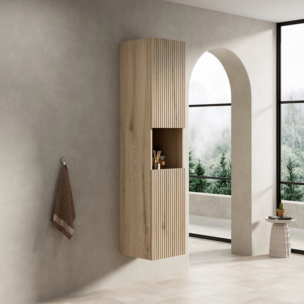 Armadietto da bagno con 2 ante, vano aperto e ripiani regolabili, in compensato, per bagno, rovere bianco, 160 cm
