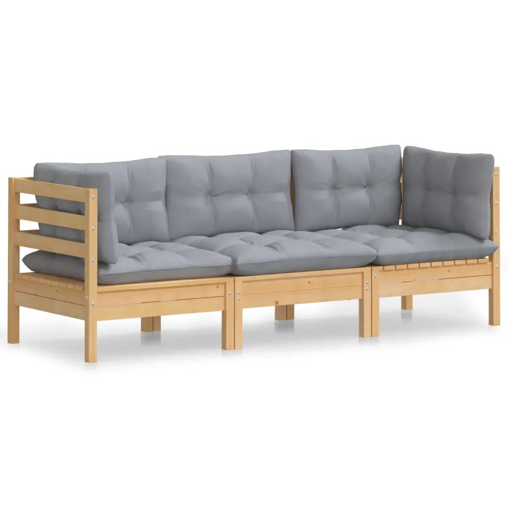 Divano da Giardino a 3 Posti con Cuscini-Sofa da Giardino-Divano da esterno Grigi Massello di Pino 506370