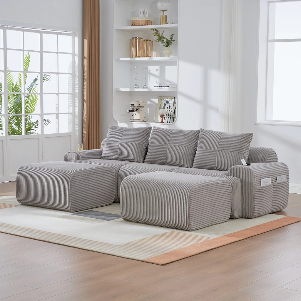 DIVANO modulare 3 posti 268x174x80 cm tessuto a coste grigio chiaro