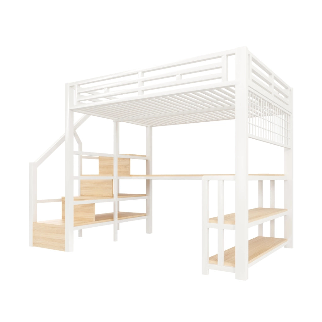 LETTO A SOPPALCO 140x200 cm Metallo e MDF Bianco con scrivania