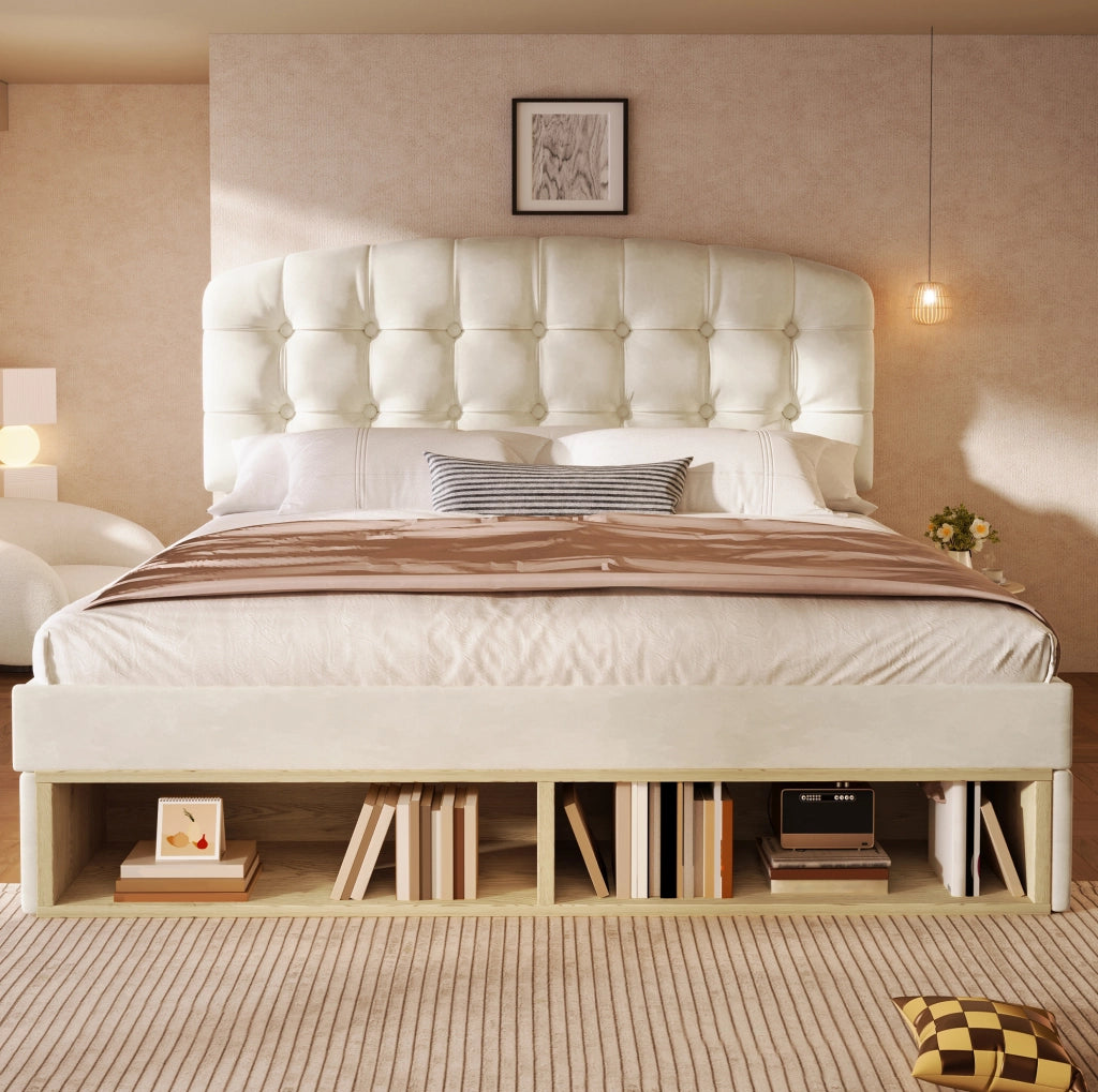 Letto imbottito beige 140x200 cm con cassetti e rete