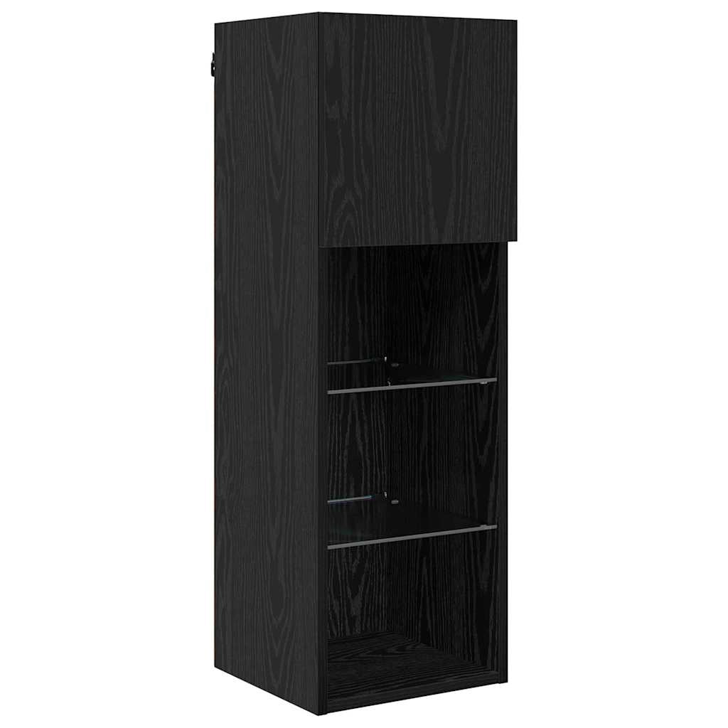 Mobile TV da parete dal design moderno 60 x 30 x 30 cm con strisce LED e ripiani in vetro in legno ingegnerizzato rovere nero 02_0056087